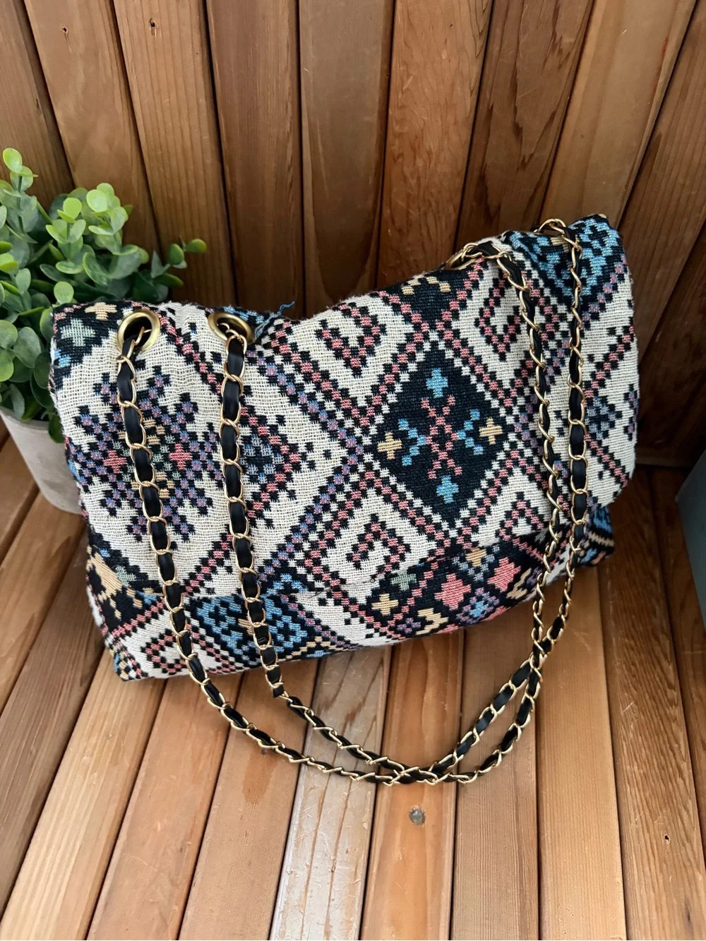 Boho Tapestry Crossbody and Convertible Shoulder Purse in Woven Geometric Print - Picture 3 of 10